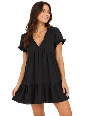 SHEIN Black Babydoll Tunic Top Ruffle V Neck Tiered Flutter Sleeve Womens Large